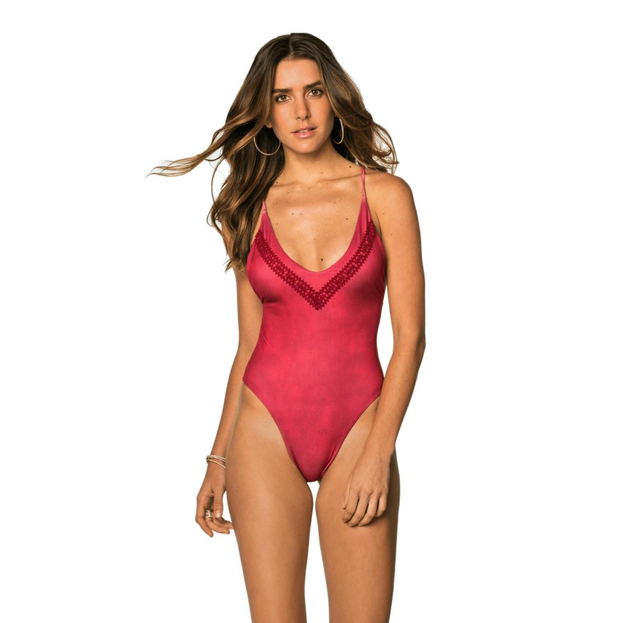 Swim SOAH Plungling Halter | Marley Red Berry One Piece