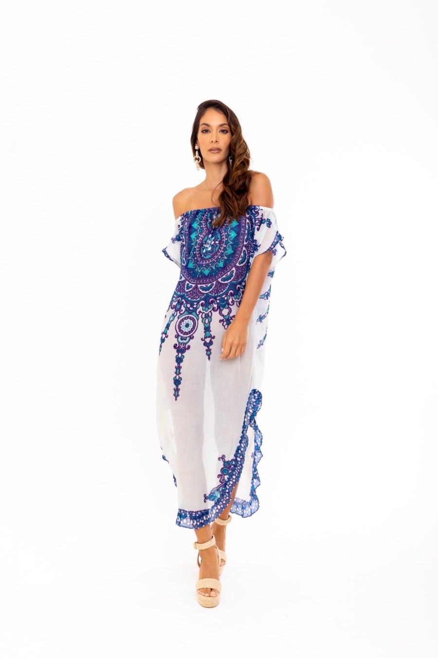 Women SOAH Cover Ups | Delphine Blue Off The Shoulder Caftan