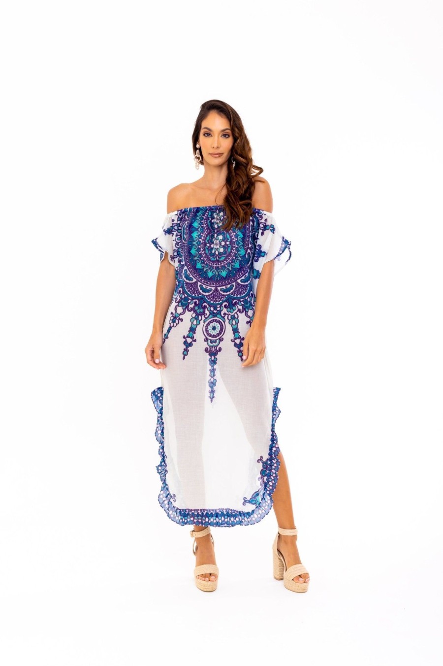 Women SOAH Cover Ups | Delphine Blue Off The Shoulder Caftan